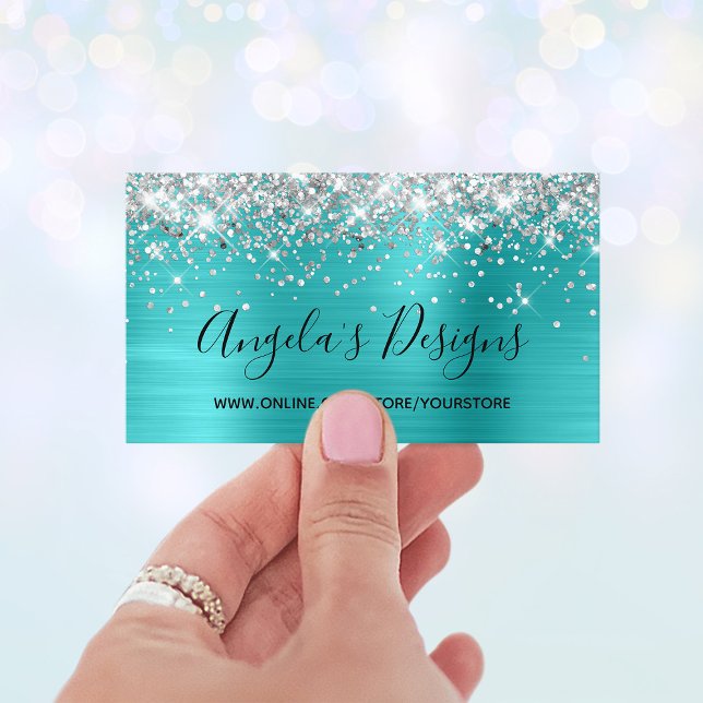 Carte De Visite Parties scintillant en argent Blue Turquoise Foil  (Silver Glitter Blue Turquoise Foil Online Store Business Card)