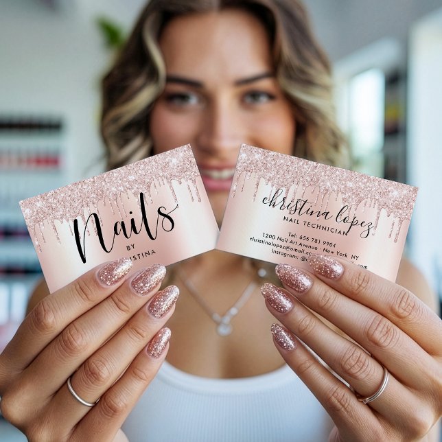 Carte De Visite parties scintillant en or rose gouttes métalliques (Rose gold glitter drips metallic elegant nails)