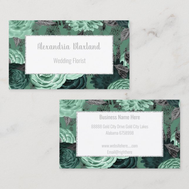 CARTE DE VISITE PARTIES SCINTILLANT FLORAL VERT AR (Devant / Derrière)