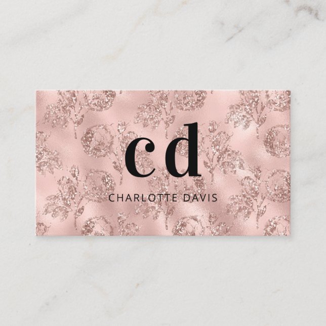 Carte De Visite parties scintillant florale d'or rose monogramme i (Devant)