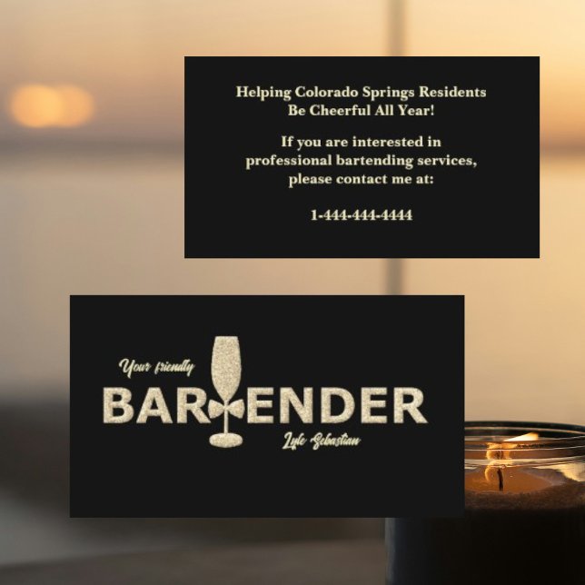 Carte De Visite Parties scintillant Gold et Black Event Bartender  (Créateur téléchargé)