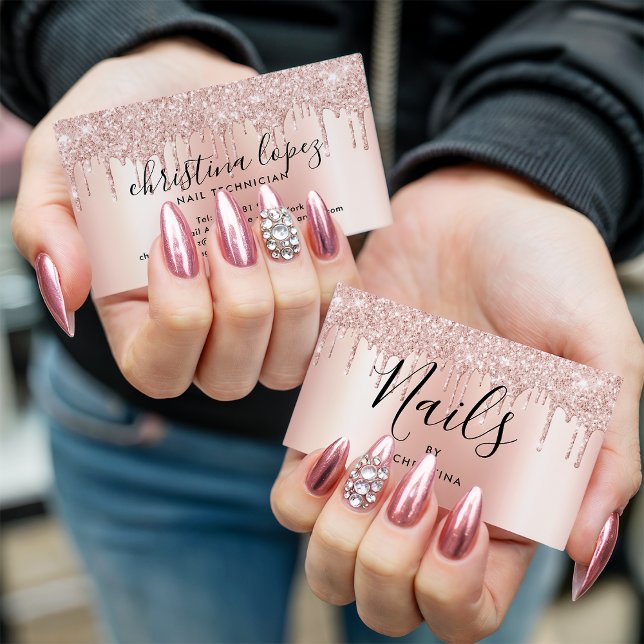 Carte De Visite Parties scintillant gouttes rose or métallique élé (Glitter drips rose gold metallic elegant nails)
