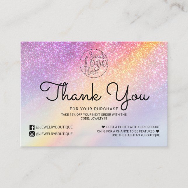 Carte De Visite Parties scintillant Holographe Rainbow Ombre Merci (Devant)