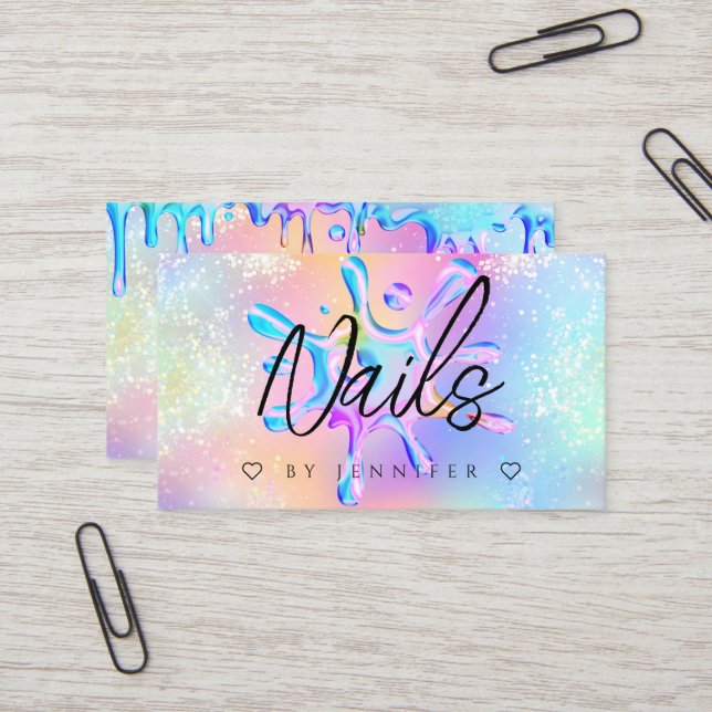 Carte De Visite Parties scintillant holographique Polonais gouttes (Devant/Arrière en situation)