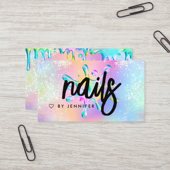 Carte De Visite Parties scintillant holographique Polonais gouttes (Devant/Arrière en situation)