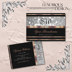 Carte De Visite Parties scintillant noir et argent Monogramme Rose
