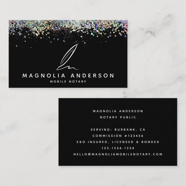 Carte De Visite Parties scintillant Noir Quill Noir Nota Mobile (Devant / Derrière)