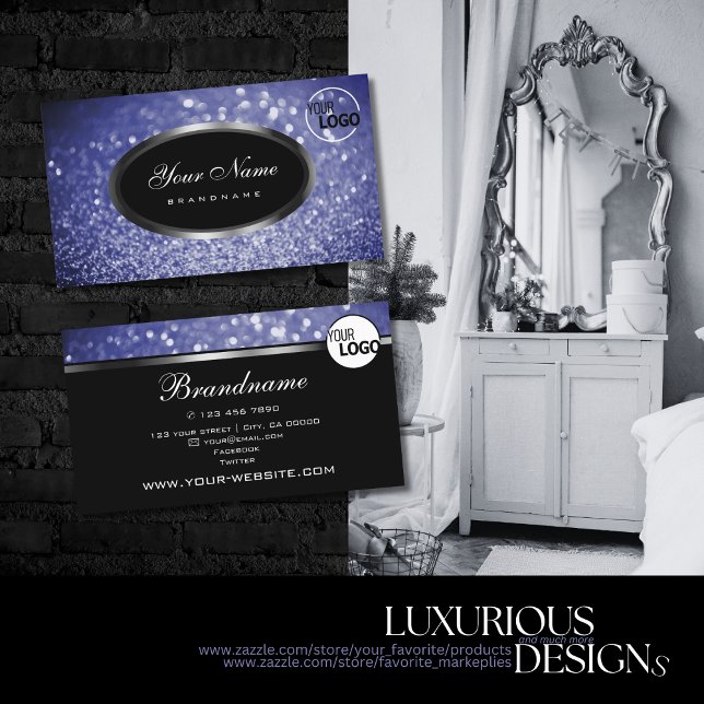 Carte De Visite Parties scintillant noire bleu étincelant en argen (Créateur téléchargé)