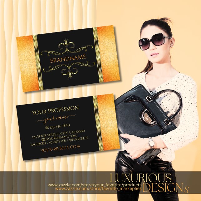 Carte De Visite Parties scintillant noire et orange Ornement doré (Créateur téléchargé)