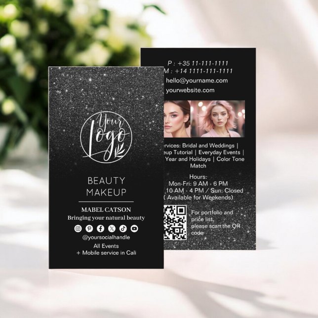 Carte De Visite Parties scintillant noire maquillage de beauté Art (Black glitter Beauty Makeup Artist Photos QR Code Business Card)