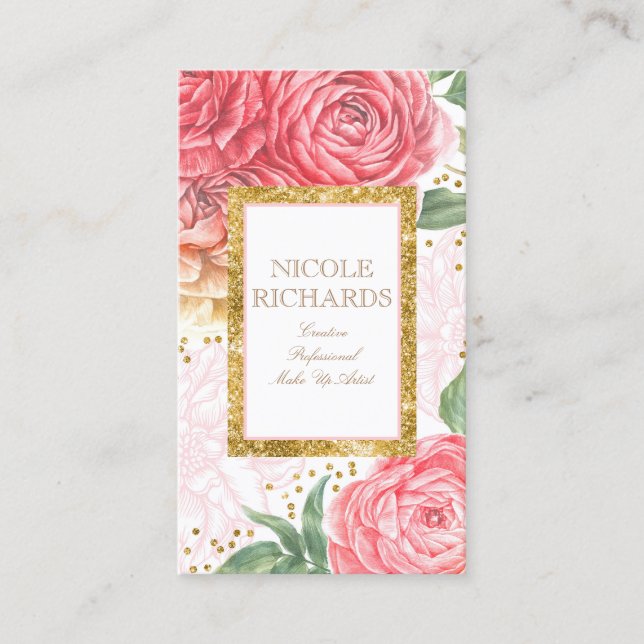 Carte De Visite Parties scintillant or et aquarelle Fleurs roses V (Devant)