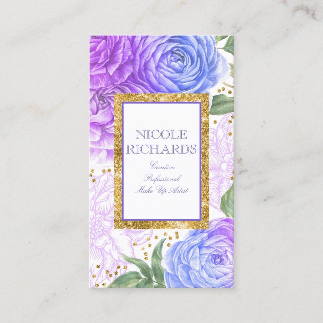 Carte De Visite Parties scintillant or et aquarelle Floral bleu et (Devant)