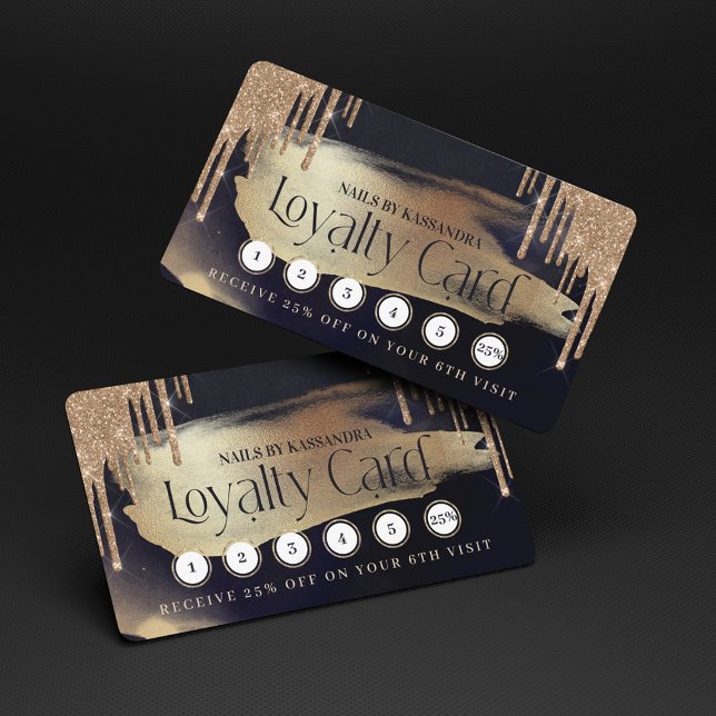 Carte De Visite Parties scintillant or glamour Drift Marine & Gold (Glamorous Gold Glitter Drip Navy & Gold Loyalty Business Card)