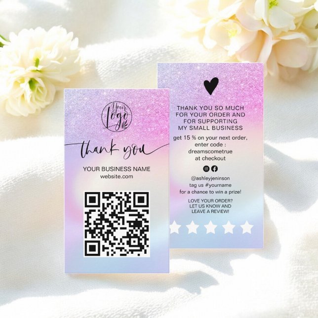 Carte De Visite Parties scintillant Rainbow de luxe Ombre Merci ho (Luxury Rainbow Glitter Ombre Holographic Thank you Business Card)