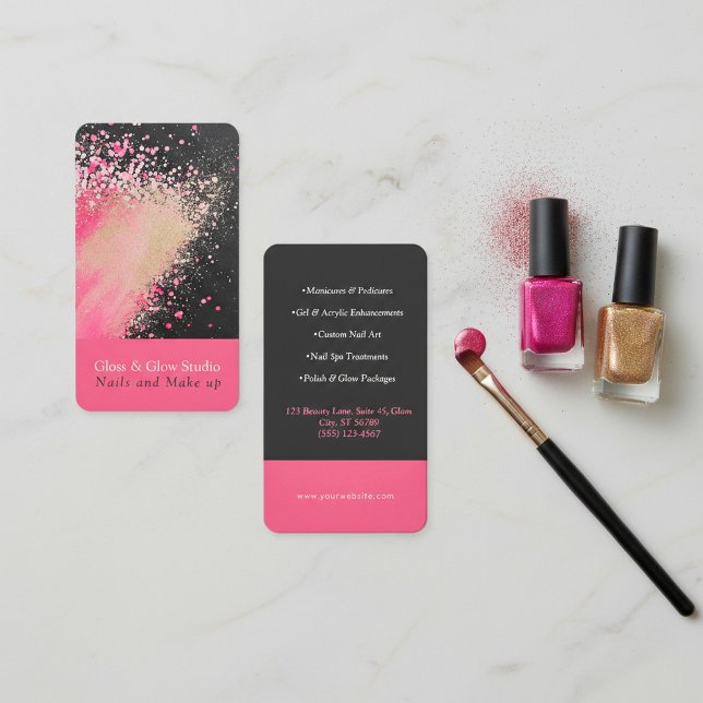 Carte De Visite Parties scintillant rose et noire (Pink, Black and Gold Glitter Splatter Business Card.)