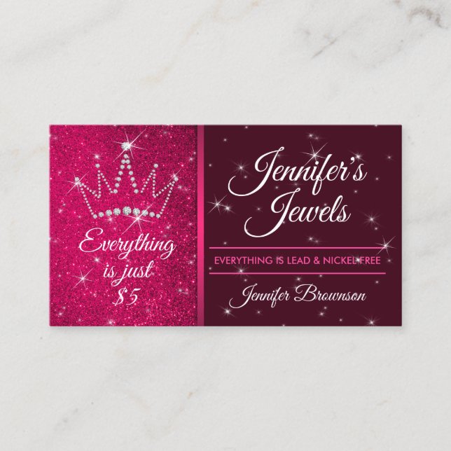 Carte De Visite Parties scintillant Sparkle Bling Pink Crown Jewel (Devant)