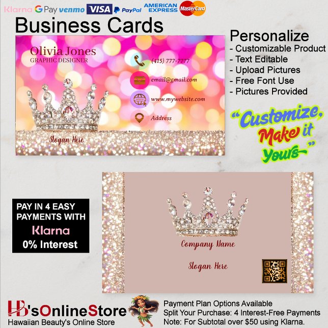 Carte De Visite Parties scintillant tendance pour filles affaires  (Girly Business Trendy Glitter Elegant Crown QRCode Business Card 29.
)