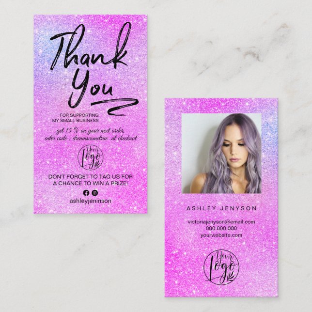Carte De Visite Parties scintillant violet script photo logo comma (Devant / Derrière)