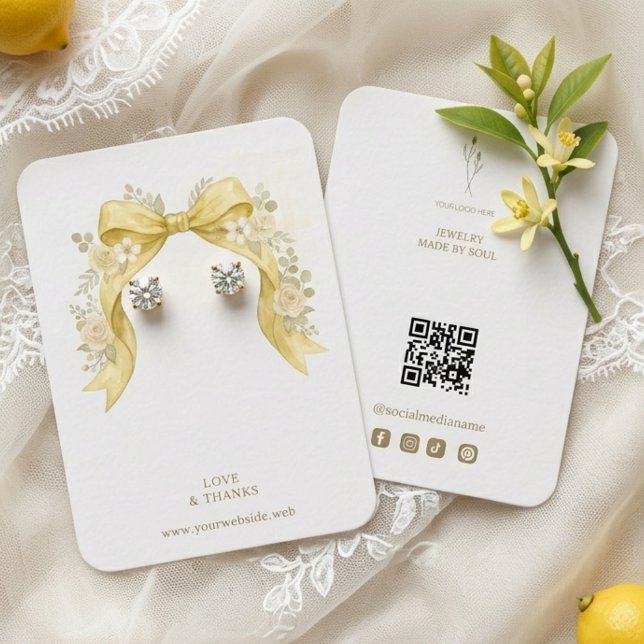 Carte De Visite Parure Florale Jaune Coquette Bow Présentoir de Bi (Yellow Lemon Botanical Coquette Bow and Roses Watercolor Effect Jewelry Display with Modern QR Code.)