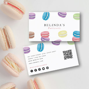 Carte De Visite Pastel Aquarelle Macarons Pâtisserie Chef QR Code