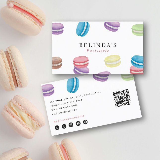 Carte De Visite Pastel Aquarelle Macarons Pâtisserie Chef QR Code (Pastel Watercolor Macarons Pastry Chef QR Code Business Card)
