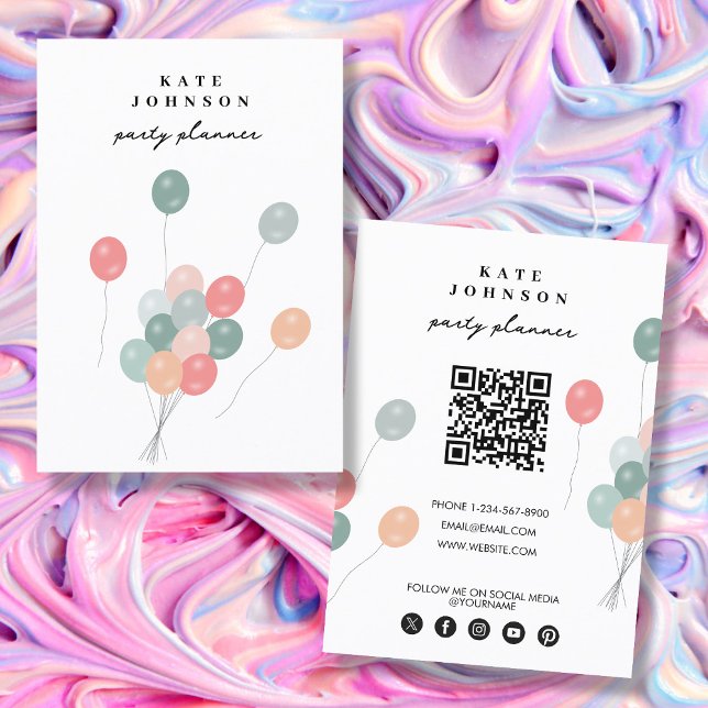 Carte De Visite Pastel Balloons Parti Planner QR Code Social Media (Pastel Balloons Party Planner QR Code Social Media Business Card)