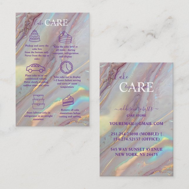Carte De Visite Pastel Iridescent Marble Cake Care  (Devant / Derrière)
