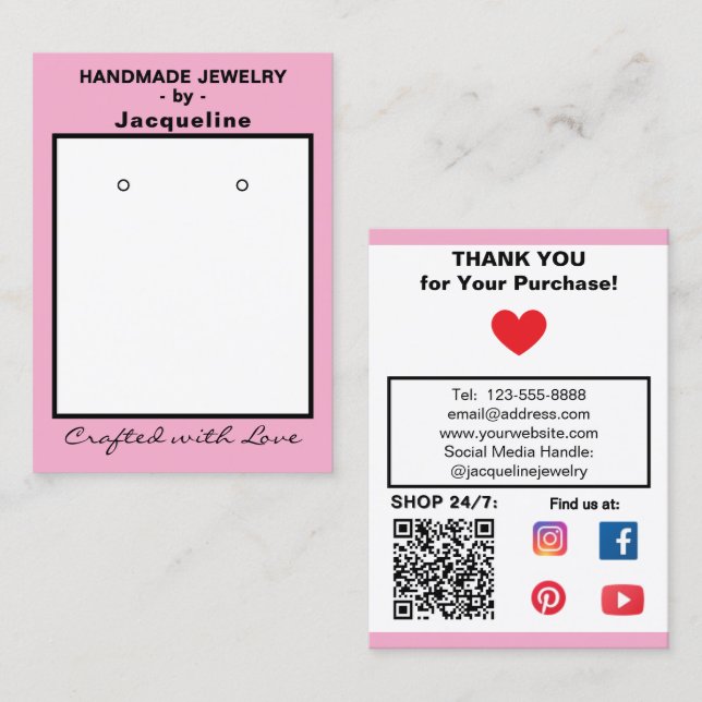 Carte De Visite Pastel Pink Jewelry Earrings Social QR Code (Devant / Derrière)