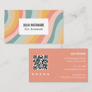 Carte De Visite Pastel Rainbow Stripes QR Code Social Media Chic