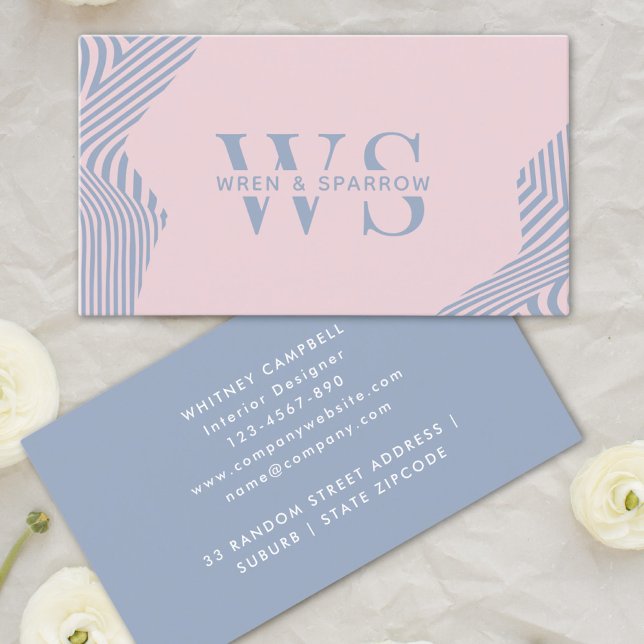 Carte De Visite Pastel Rose & Bleu Abstrait Monogramme tendance Mo (Pastel Pink & Blue Abstract Trendy Monogram Modern Business Card )
