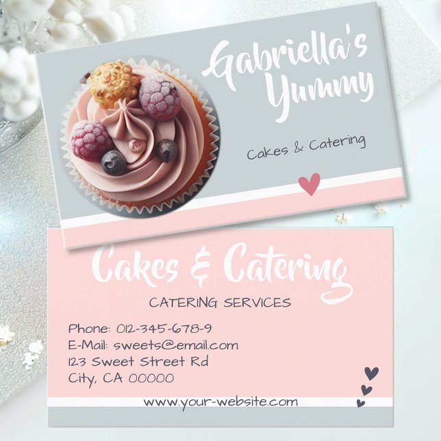 Carte De Visite Pastel rose Grey Cupcake Modèle photo de gâteau (Créateur téléchargé)