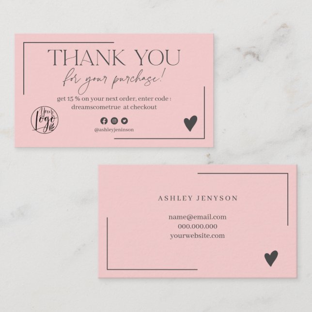Carte De Visite Pastel rose gris script commander merci (Devant / Derrière)