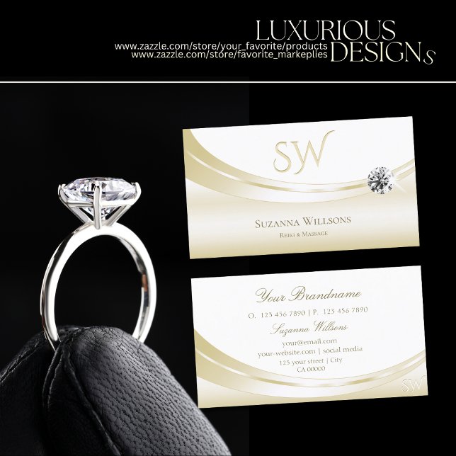 Carte De Visite Pastel Silk Or Blanc avec Monogramme et Diamant (Créateur téléchargé)