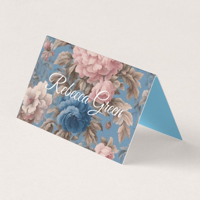 Carte De Visite Pastel Victorien Bleu Et Fleurs Roses (Devant)