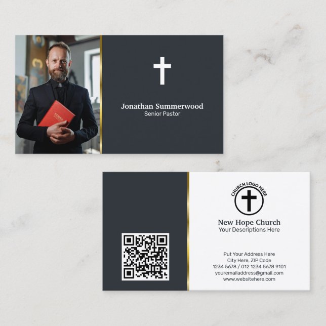 Carte De Visite Pasteur chrétien moderne avec photo et code QR (Devant / Derrière)