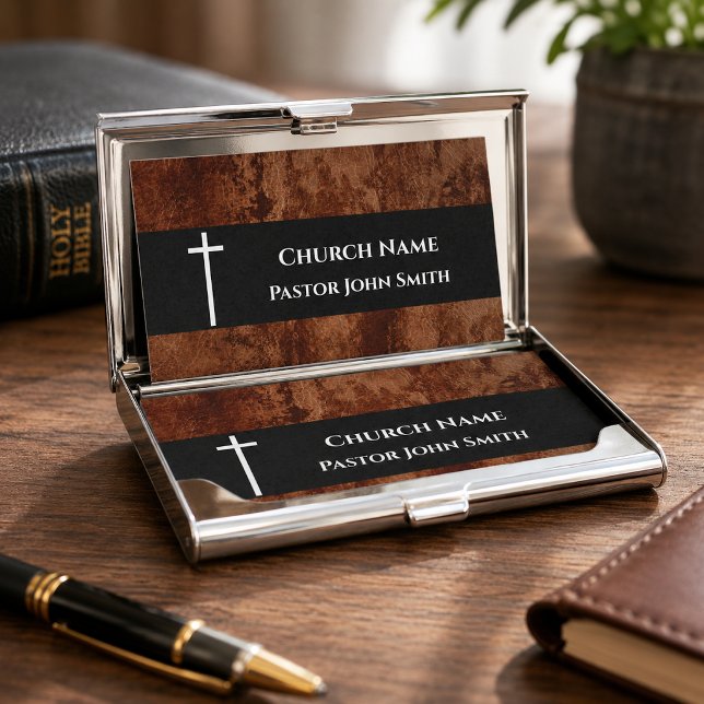 Carte De Visite Pasteur d'église Cuir RUSTIQUE Chrétien (Please note: the leather design is simulated and no leather is used in this card.)
