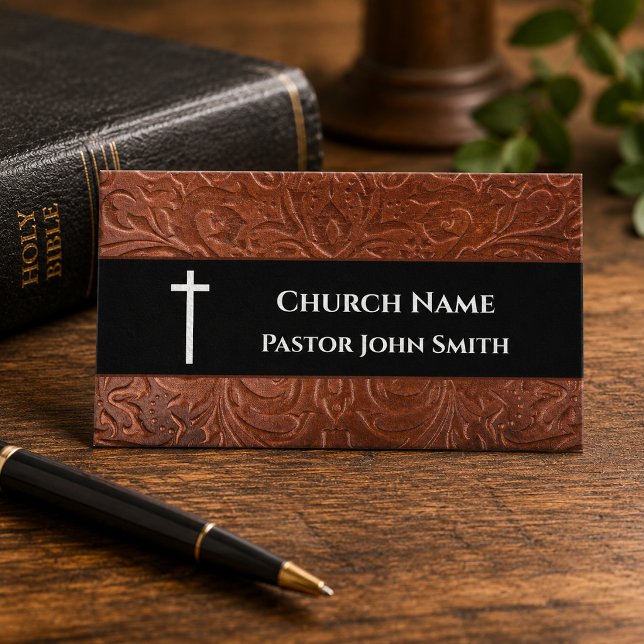 Carte De Visite Pasteur d'église Cuir rustique Noir Chrétien (The leather details are simulated in the artwork. No actual leather will be used in this product.)