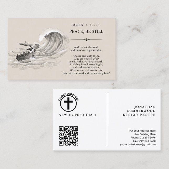 Carte de visite Pasteur Marc 4:39-41 avec QR Code (Devant / Derrière)