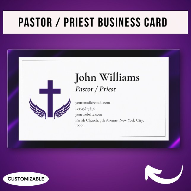 Carte De Visite Pasteur Prêtre élégant violet noir d'église (Créateur téléchargé)