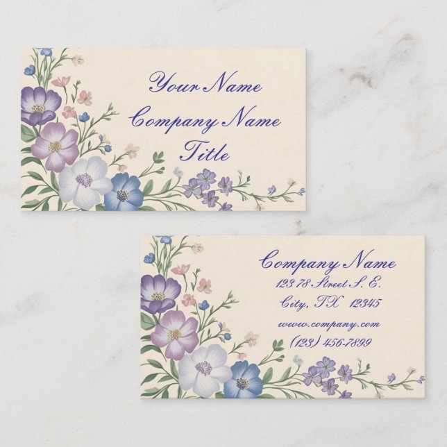 Carte De Visite Pâte violet, blanc & bleu Botanique Flore Imprimer (Devant / Derrière)