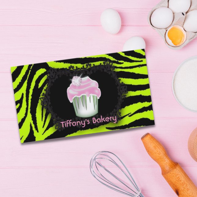 Carte De Visite pâtisserie à imprimer verte zèbre boulangerie Cupc (Lime green zebra print bakery Pink Cupcake Business Card)