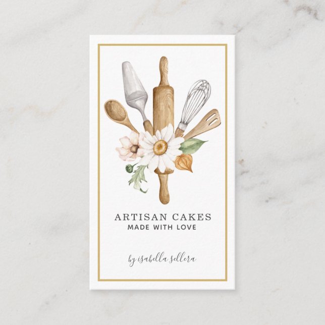 Carte De Visite Pâtisserie Chef Aquarelle Cuisine Outils Ustensile (Devant)
