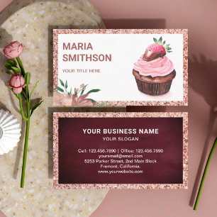 Carte De Visite Pâtisserie Chef Cupcake aux Fraises en Or Rose Bou
