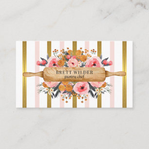 Carte De Visite Pâtisserie Chef Floral Pink Gold Foil Stripes