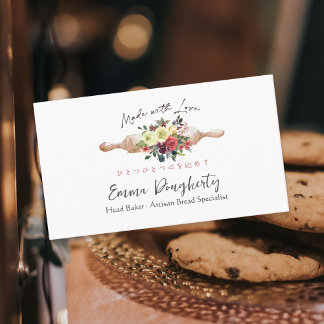 Carte De Visite Pâtisserie Chef Rouge Floral Rolling Pin Cuisson U