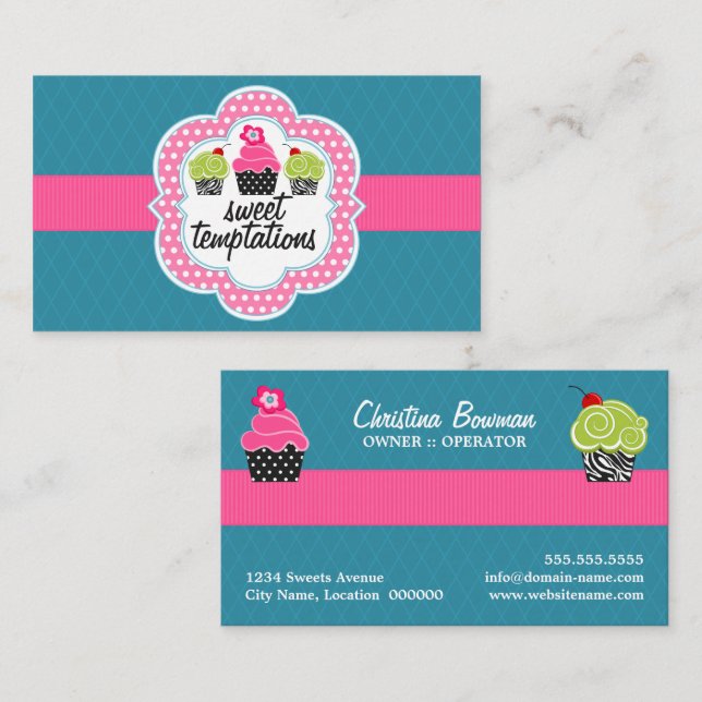 Carte De Visite Pâtisserie Cupcake Rose Turquoise (Devant / Derrière)