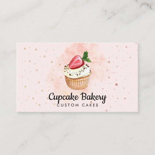 Carte De Visite Pâtisserie rose Aquarelle Cupcake aux fraises (Devant)