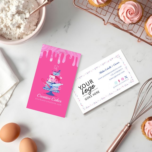 Carte De Visite Pâtisseries colorées amusantes Boulangerie & Outil (Fun Colorful Pastry Cakes Bakery & Tools Pink Drip Business Card)