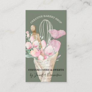 Carte De Visite Patissier Sage Fleurs Roses Bohème Boulanger