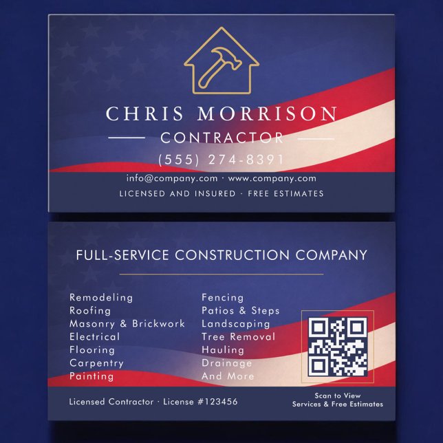 Carte De Visite Patriotic Contractor Construction QR Code (Créateur téléchargé)
